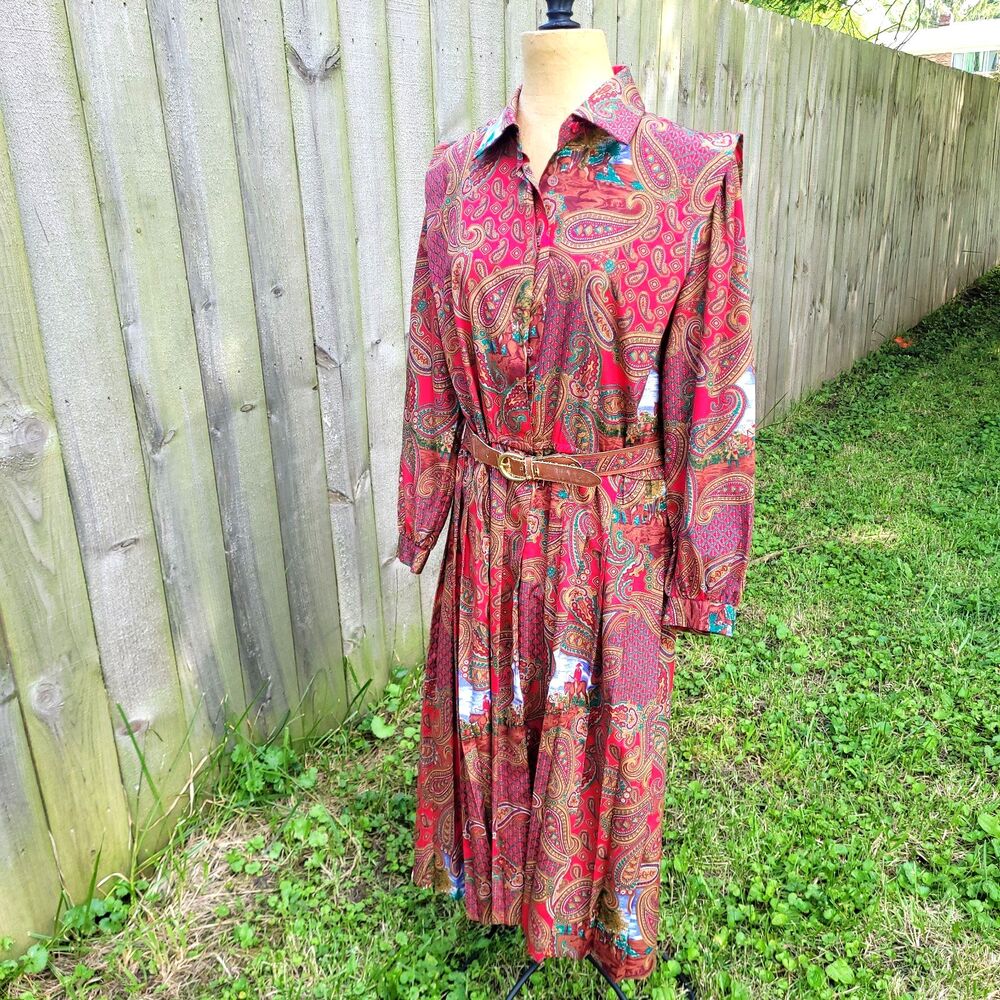 Vtg Paisley Pleated Midi Dress Red 12 P Schrader Heritage Hunting Equestrian